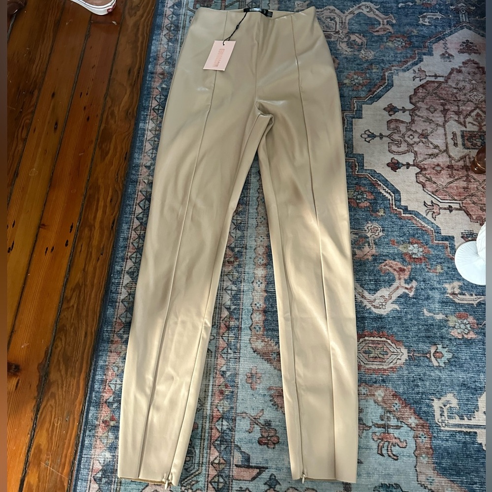 Missguided Faux Leather Leggings Split Hem Stone Sz 2 khaki, skinny, neutral